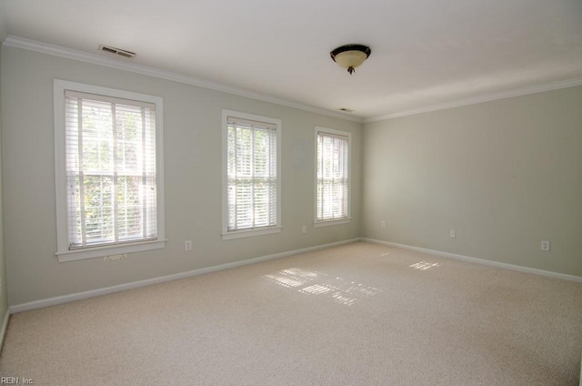 empty room with light carpet and crown molding