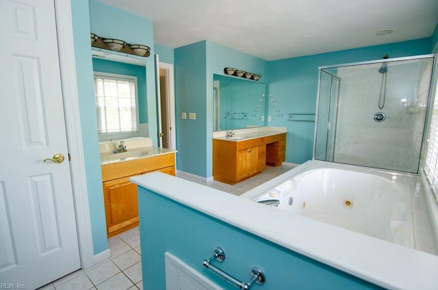 bathroom with vanity, shower with separate bathtub, and tile patterned floors