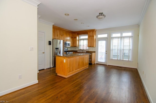 kitchen featuring sink, a center island, stainless steel appliances, ornamental molding, and dark hardwood / wood-style floors