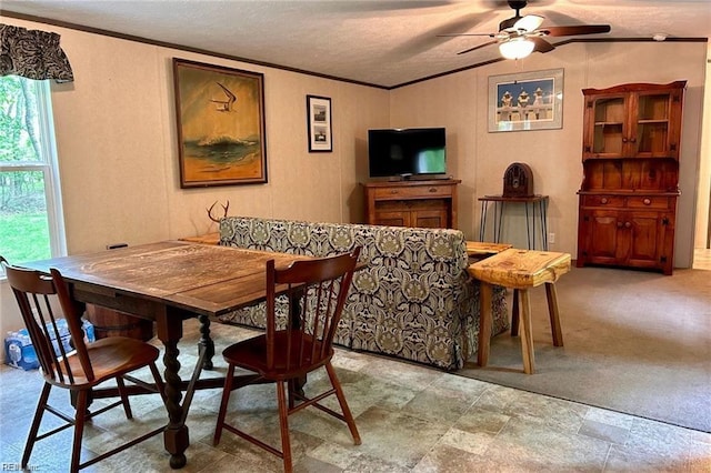 dining area featuring ornamental molding, a textured ceiling, and ceiling fan