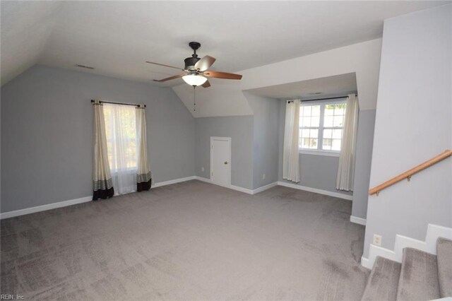 bonus room featuring carpet floors, ceiling fan, and vaulted ceiling