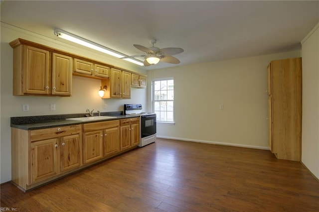 kitchen featuring dark hardwood / wood-style flooring, ceiling fan, sink, and electric stove