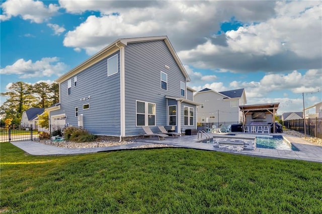 back of property featuring a patio and a yard