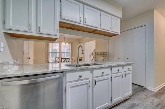 kitchen with sink, dishwasher, white cabinetry, and kitchen peninsula