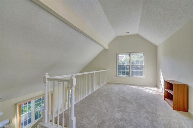 additional living space featuring a textured ceiling, vaulted ceiling, and light colored carpet