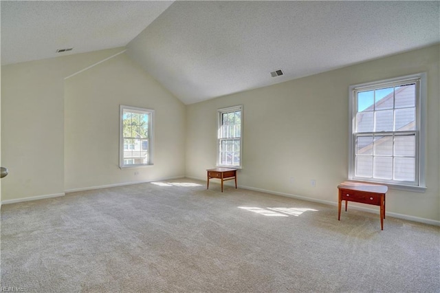 carpeted spare room featuring vaulted ceiling and a textured ceiling