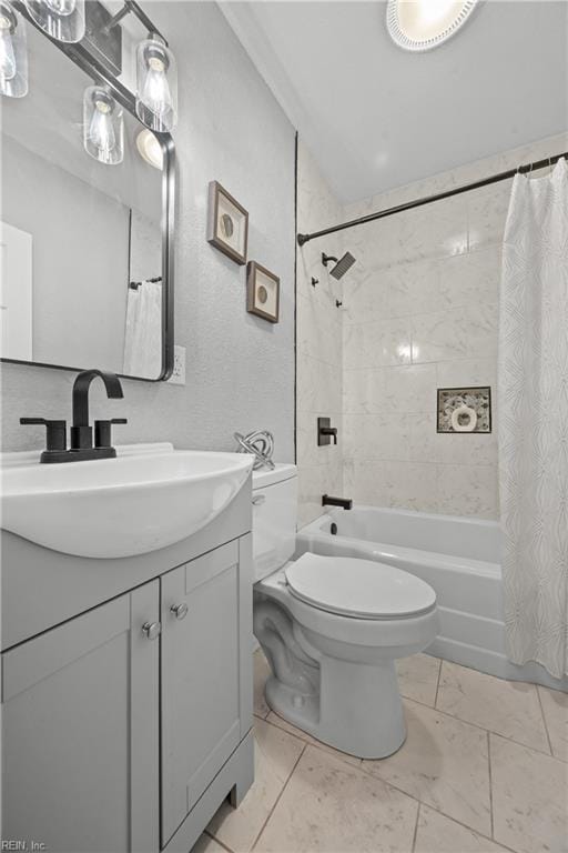 full bathroom with vanity, shower / bath combination with curtain, and toilet