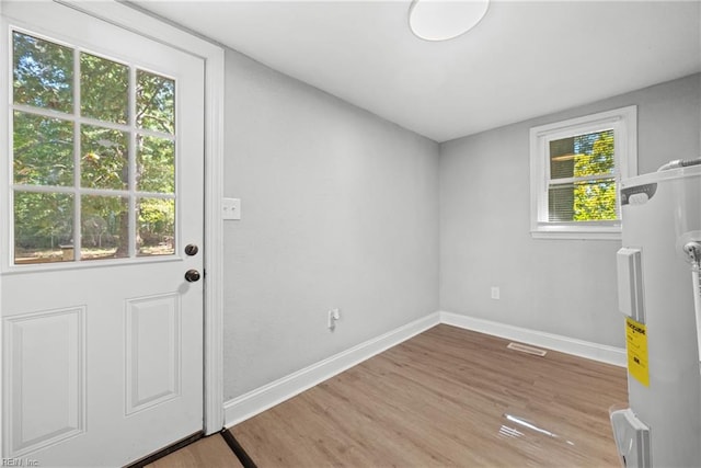 doorway featuring plenty of natural light, light hardwood / wood-style floors, and water heater