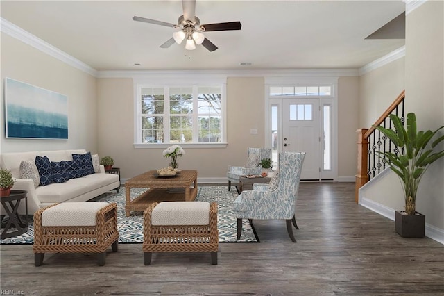 living room with dark hardwood / wood-style floors, ceiling fan, and crown molding