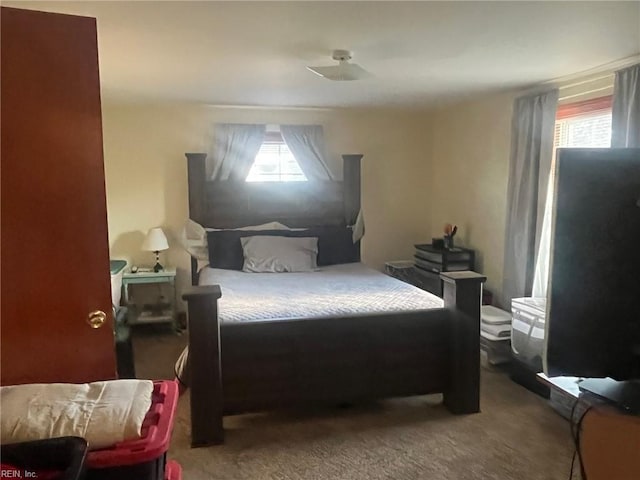 carpeted bedroom featuring multiple windows