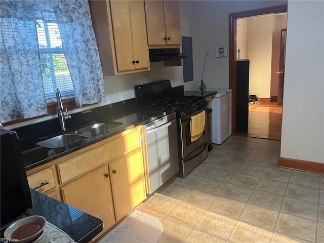 kitchen with light brown cabinetry, sink, gas stove, stainless steel dishwasher, and range hood