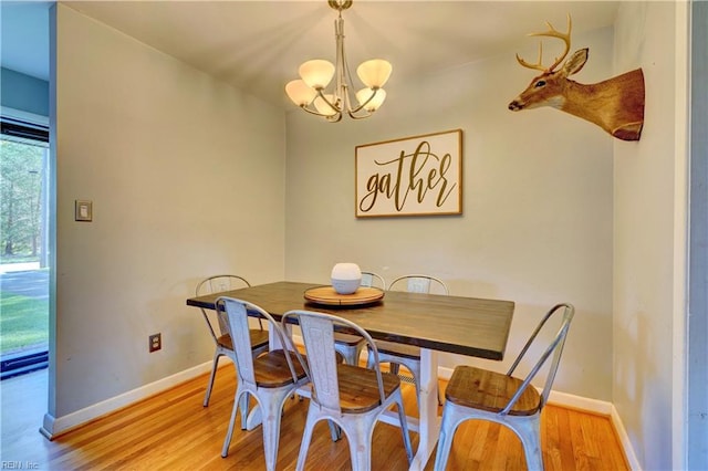 dining area with an inviting chandelier and light wood-type flooring