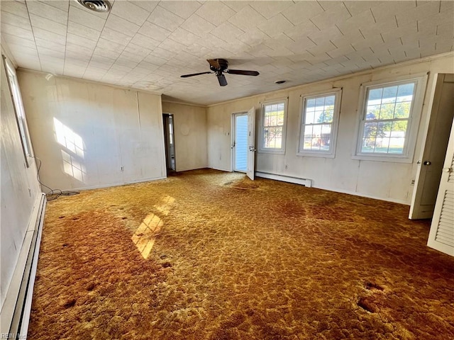 empty room featuring a baseboard radiator, carpet flooring, and ceiling fan