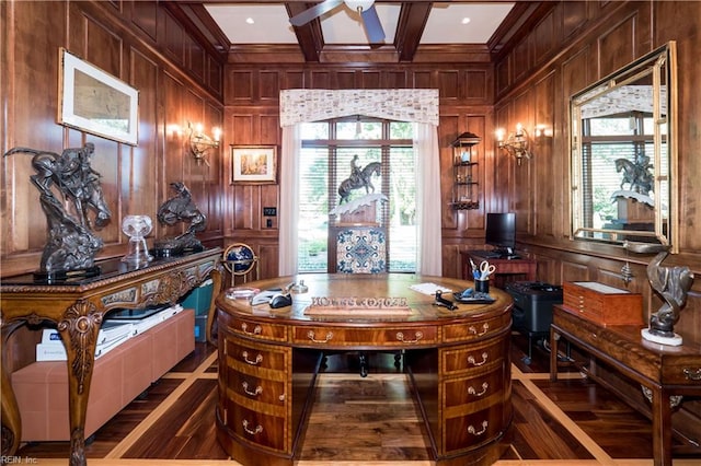 office area with beam ceiling, wood walls, and dark hardwood / wood-style floors