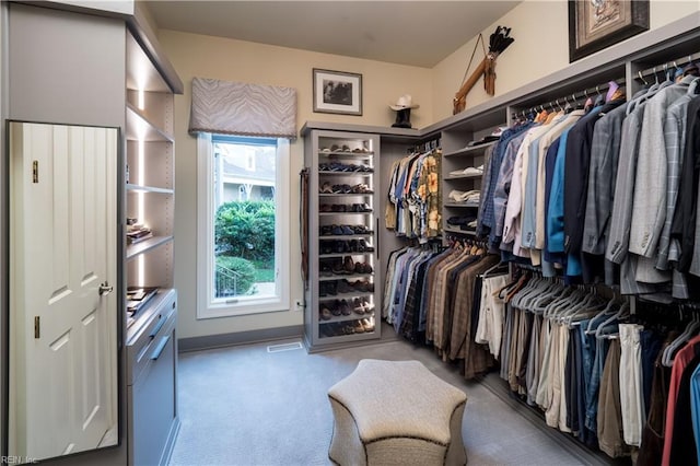 spacious closet featuring light carpet