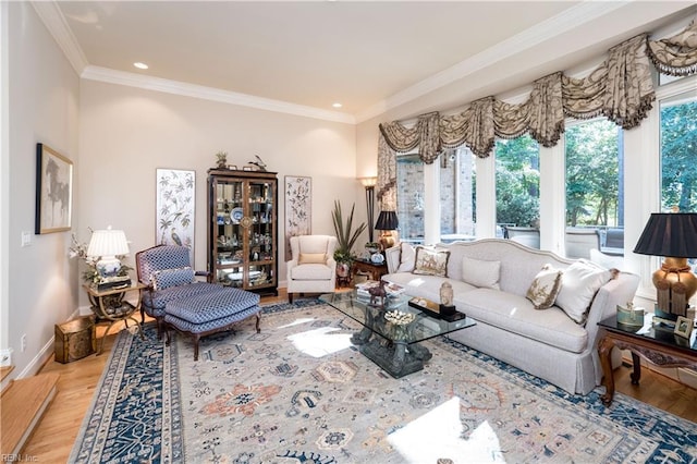 living room featuring crown molding, light hardwood / wood-style floors, and plenty of natural light