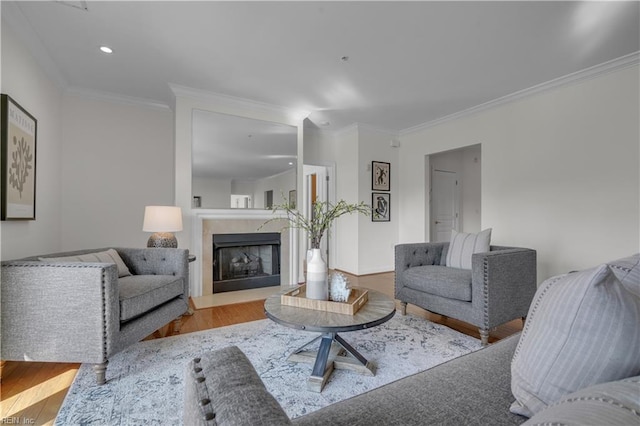 living room featuring light hardwood / wood-style floors and crown molding