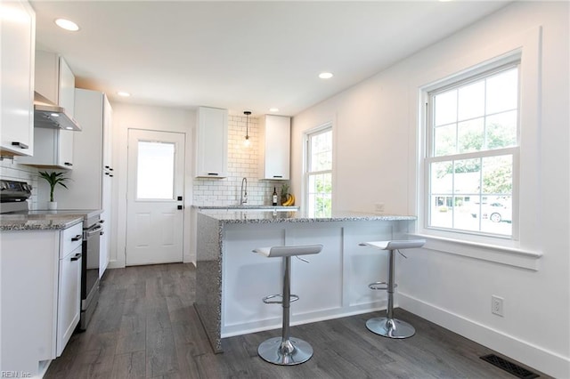 kitchen featuring a kitchen bar, white cabinetry, plenty of natural light, and stainless steel range with electric cooktop