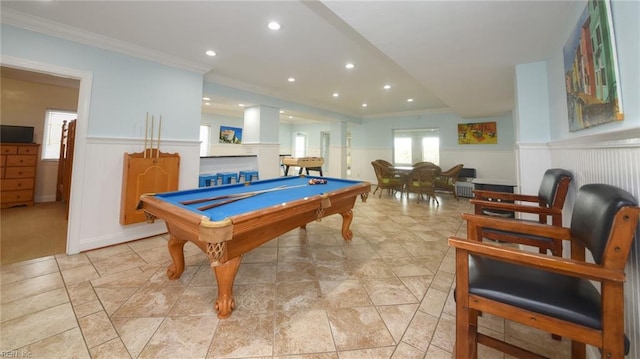 playroom with pool table and crown molding