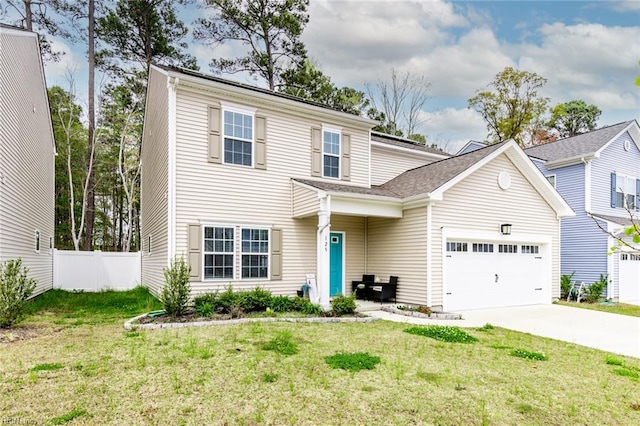 front facade with a front yard and a garage