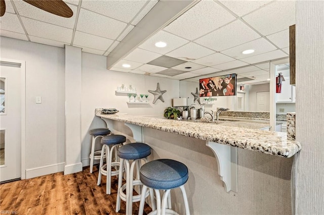 bar featuring light stone countertops, dark hardwood / wood-style floors, and a paneled ceiling