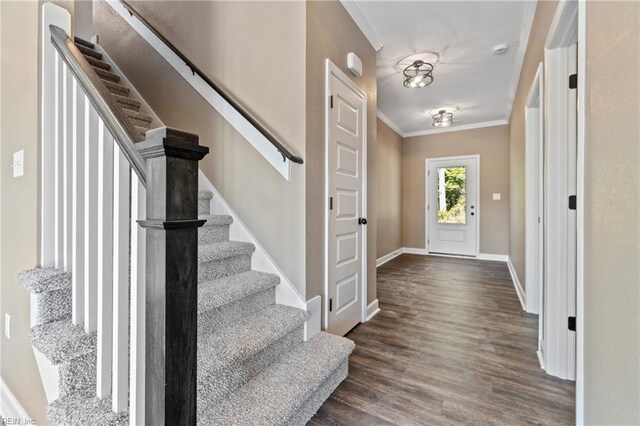 entrance foyer with ornamental molding and dark hardwood / wood-style flooring