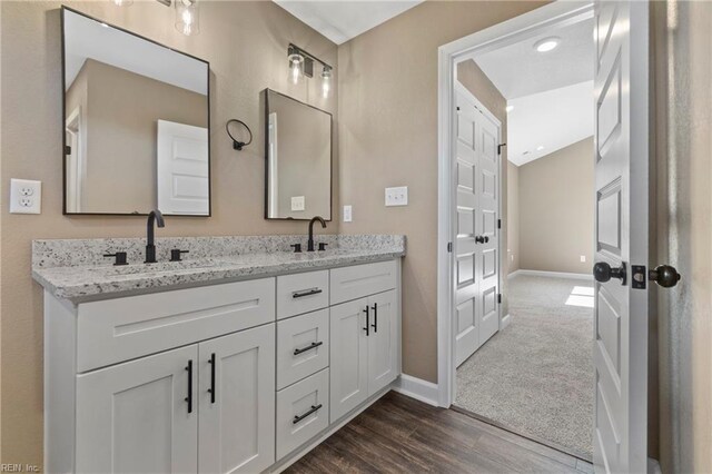 bathroom with vanity and hardwood / wood-style floors