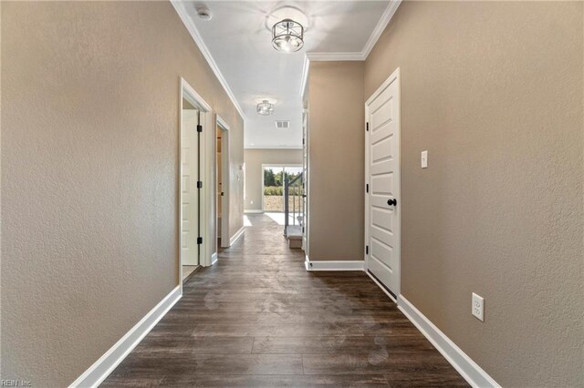 hall featuring ornamental molding and dark hardwood / wood-style flooring