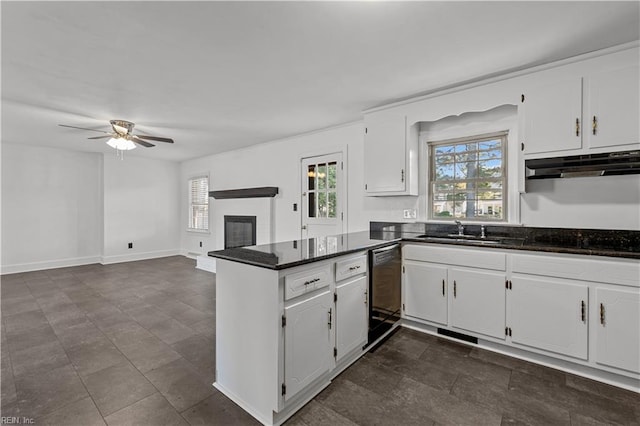 kitchen featuring kitchen peninsula, white cabinetry, black dishwasher, and sink