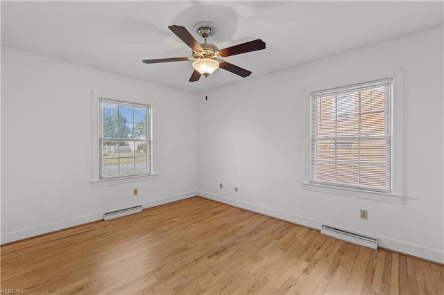 empty room featuring light hardwood / wood-style floors, a baseboard radiator, and ceiling fan