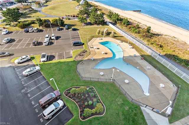 aerial view with a view of the beach and a water view