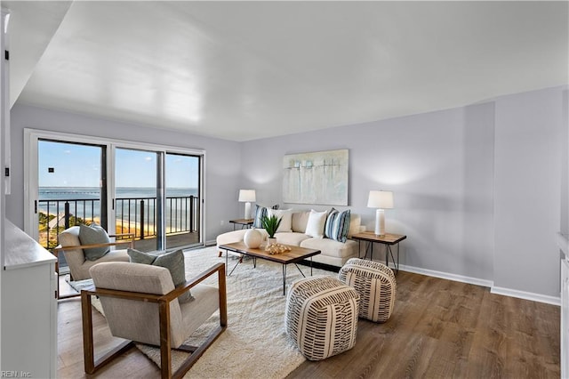 living room with wood-type flooring and a water view