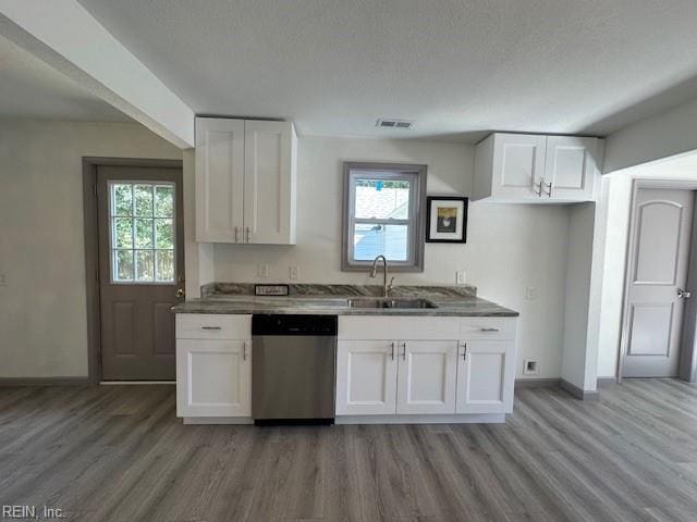 kitchen with white cabinetry, hardwood / wood-style flooring, dishwasher, and sink