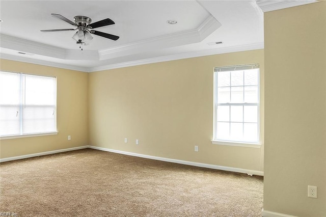 carpeted spare room featuring crown molding, a raised ceiling, and ceiling fan