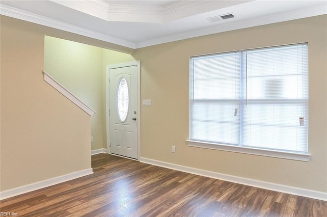 foyer entrance with dark hardwood / wood-style flooring, crown molding, and a wealth of natural light