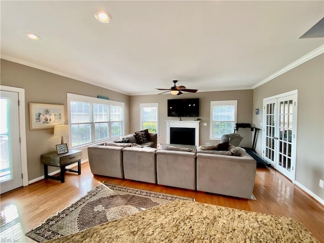 living room featuring french doors, crown molding, light wood-type flooring, and ceiling fan