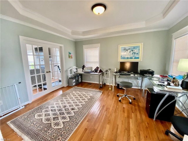 office space featuring light hardwood / wood-style flooring, a healthy amount of sunlight, and a raised ceiling