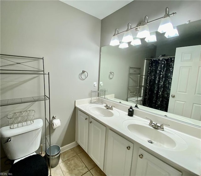 bathroom with vanity, toilet, and tile patterned floors