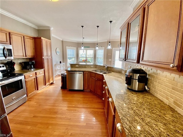 kitchen featuring light hardwood / wood-style flooring, sink, pendant lighting, crown molding, and stainless steel appliances