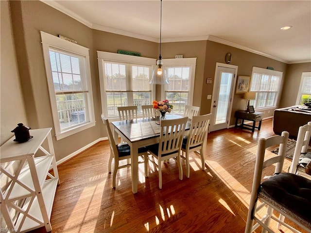 dining room with crown molding, hardwood / wood-style floors, and plenty of natural light