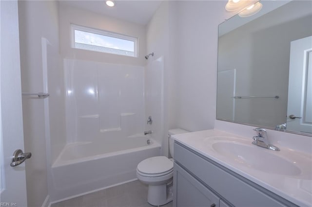 full bathroom with tile patterned flooring, shower / tub combination, vanity, and toilet