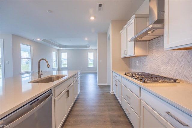 kitchen with wall chimney exhaust hood, sink, a wealth of natural light, and stainless steel appliances