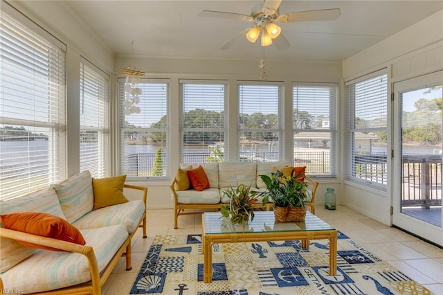 sunroom with a wealth of natural light and ceiling fan