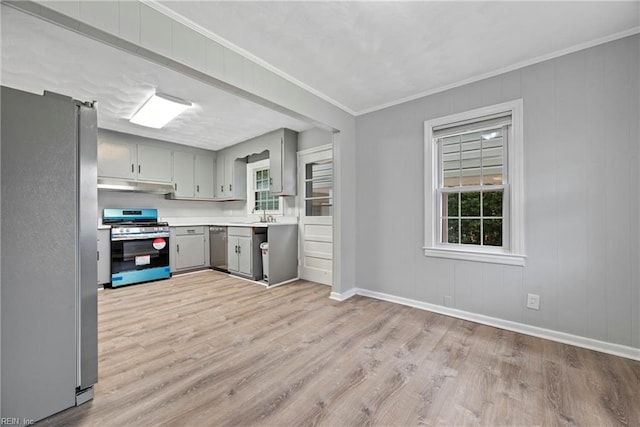 kitchen with ornamental molding, stainless steel appliances, light hardwood / wood-style floors, and sink