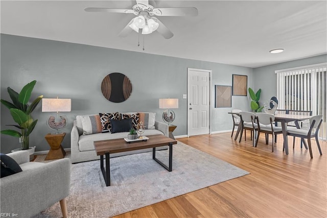 living room with ceiling fan and light hardwood / wood-style flooring