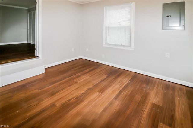 spare room with ornamental molding, hardwood / wood-style floors, and electric panel