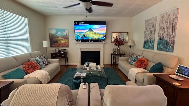 living room featuring hardwood / wood-style floors and ceiling fan