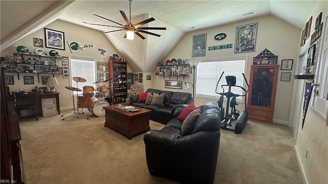 living room featuring vaulted ceiling, carpet floors, and ceiling fan