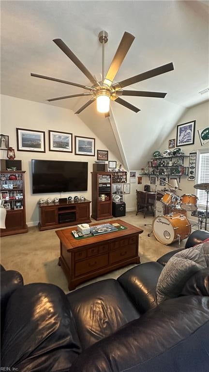 living room with ceiling fan, light carpet, and lofted ceiling