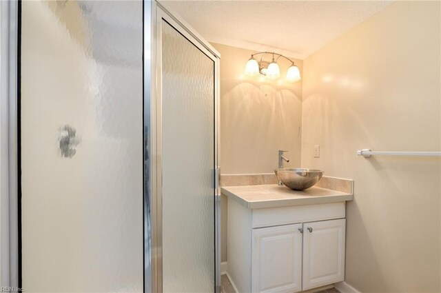 bathroom featuring vanity and a shower with shower door